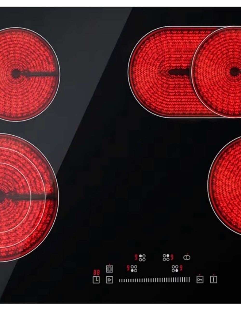 Black Electric Ceramic Cooktop with Red Radiant Zones